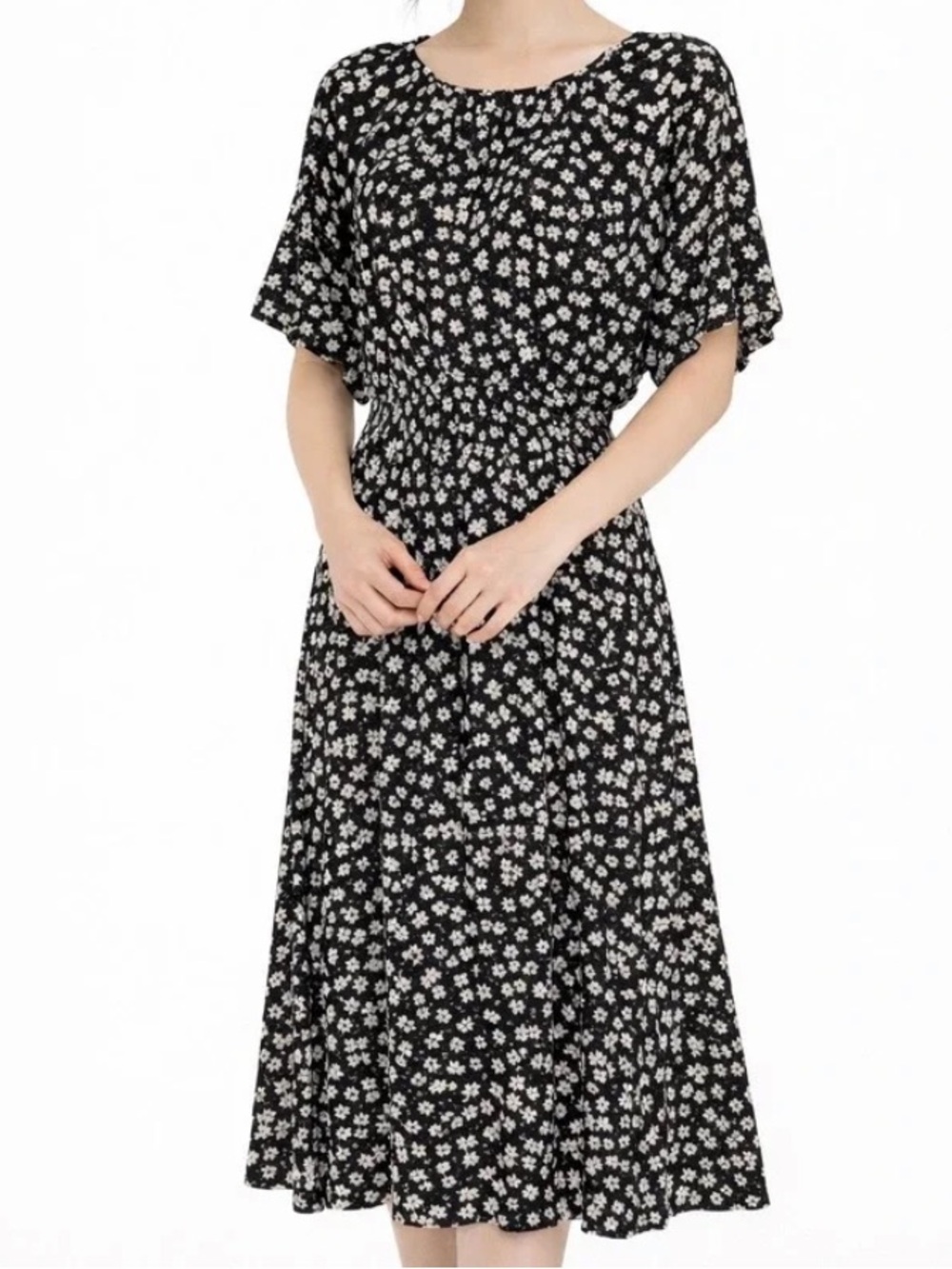 BLACK AND WHITE FLORAL H&M MIDI DRESS
